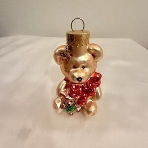 Inge Glass Hanging Ornament Teddy Bear Rose Gold Mistletoe OWC Christmas‎